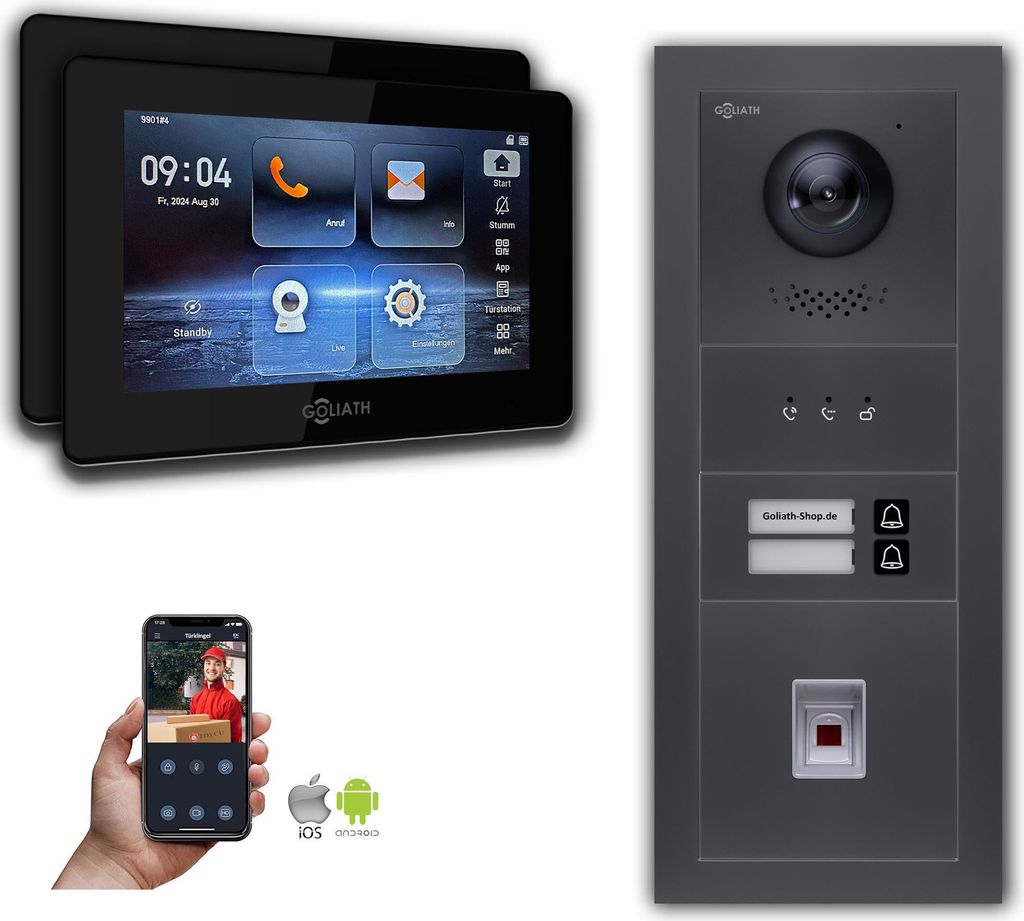 Goliath 2-Draht BUS Video Türklingel: 2 Familienhaus, Fingerprint, Anzeige, Anthrazit : Unterputzdose : 7 Zoll in Schwarz Monitor Auswahl: 7 Zoll ...