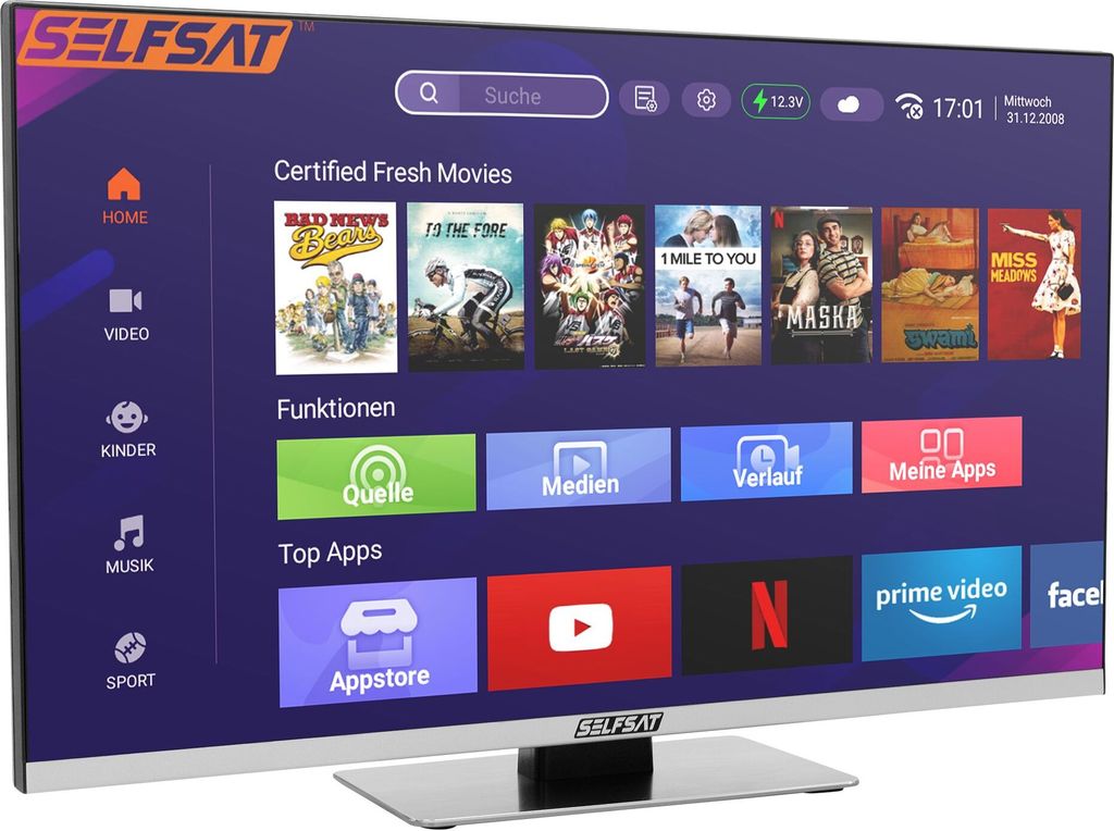 SELFSAT SMART LED TV 1260 (60cm/24") rahmenloser TV inkl. DVB-S2/C/T2 HD Tuner mit WLAN u. Bluetooth