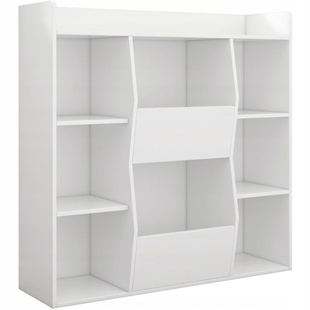 A white, open shelving unit with multiple compartments.