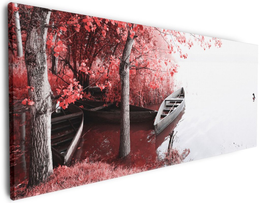 Wallario Premium Leinwandbild Romantische Bootsanlegestelle in rot-weiß in Größe 50 x 125 cm