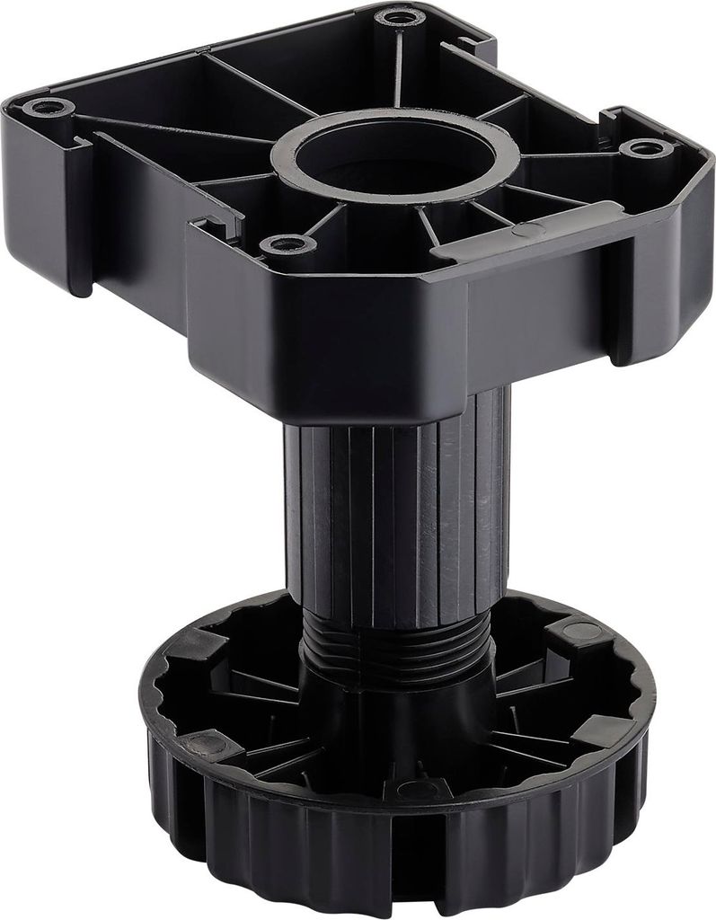 A black adjustable cabinet leg with a wide base and a square mounting plate.