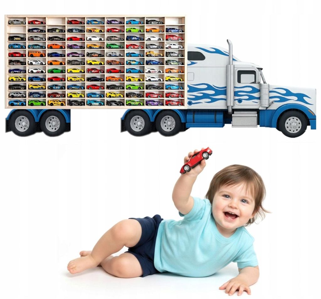 Modellauto-Regal für 80 Autos 1:64 – Wandregal & Setzkasten für Spielzeugautos, US-Truck-Motiv, Weiß, Birken-Sperrholz – mit Modellautos an der Wand