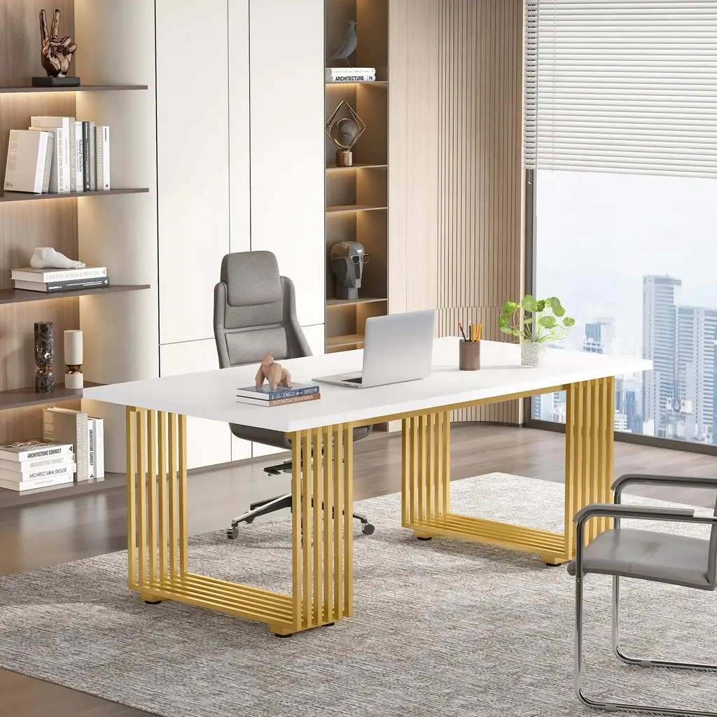 Bureau de direction blanc et doré 180 cm avec structure en fer stable - 3