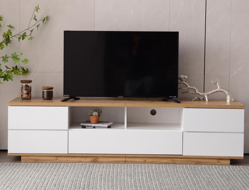 okwish TV-Schrank 180*38*46cm mit 2 offenen Fächern und 5Türen , TV-Ständer TV-Tisch für Wohnzimmer, Weiß