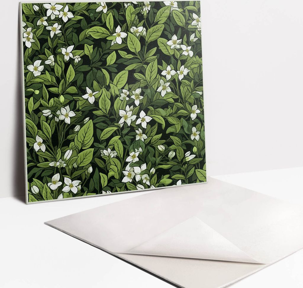 Fliesenaufkleber Set für Bad und Küche - 9 Fliesen Selbstklebend PVC - 30 x 30 - Weiße Blüten und Blätter