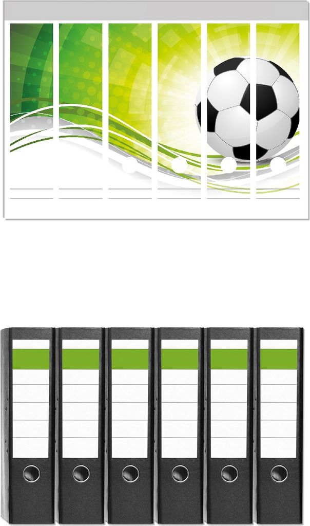Wallario 6 Stück breite Ordner inkl. Klebeetiketten mit Motive Fußball - grün weiße Wellen Muster - Set mit Rückenschildern / Ordnerrücken S...