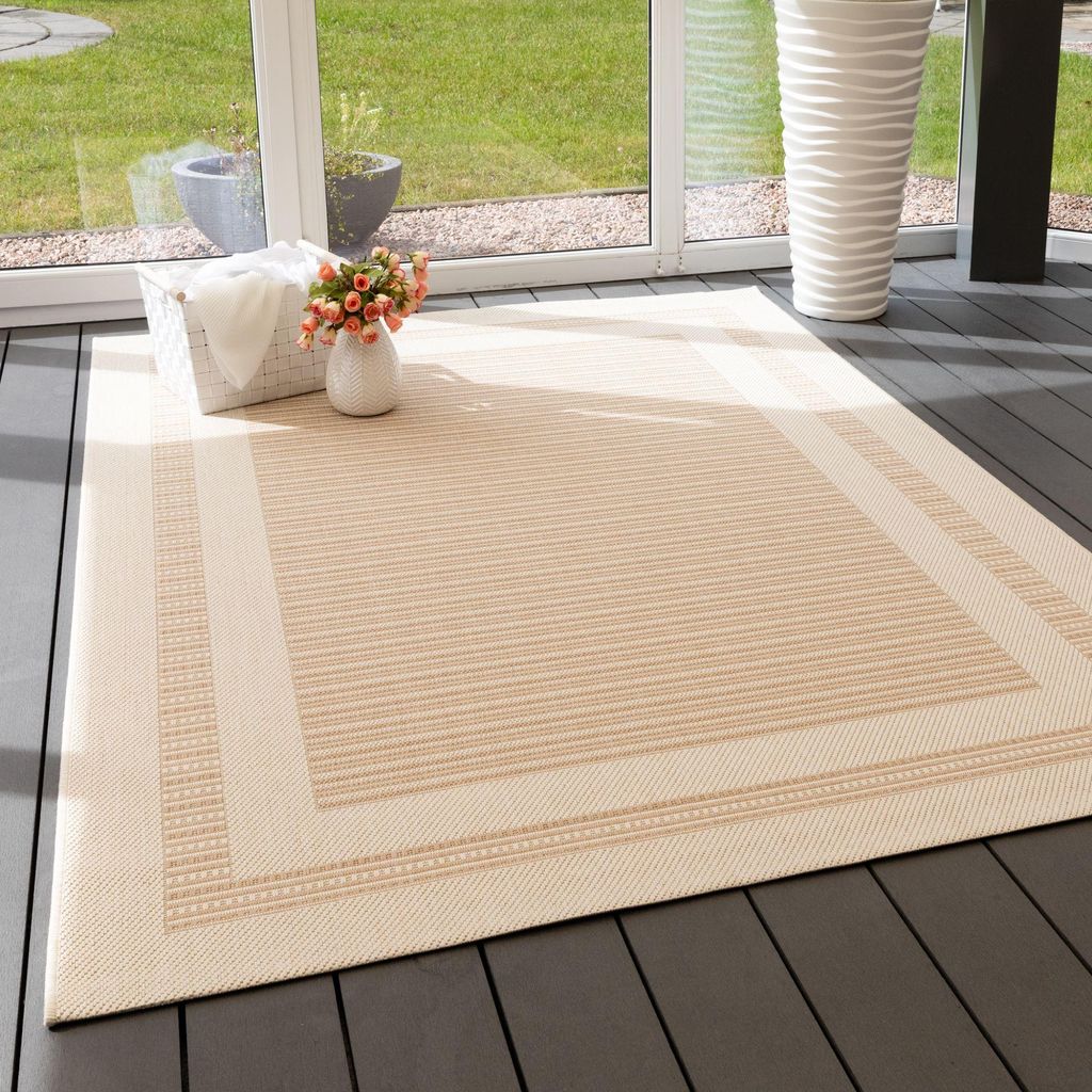 Steffensmeier In- und Outdoor Teppich Bergen Küche Balkon Garten Flur, wasserfest, Kunststoff, Bordüre Beige, Größe: 120x170 cm