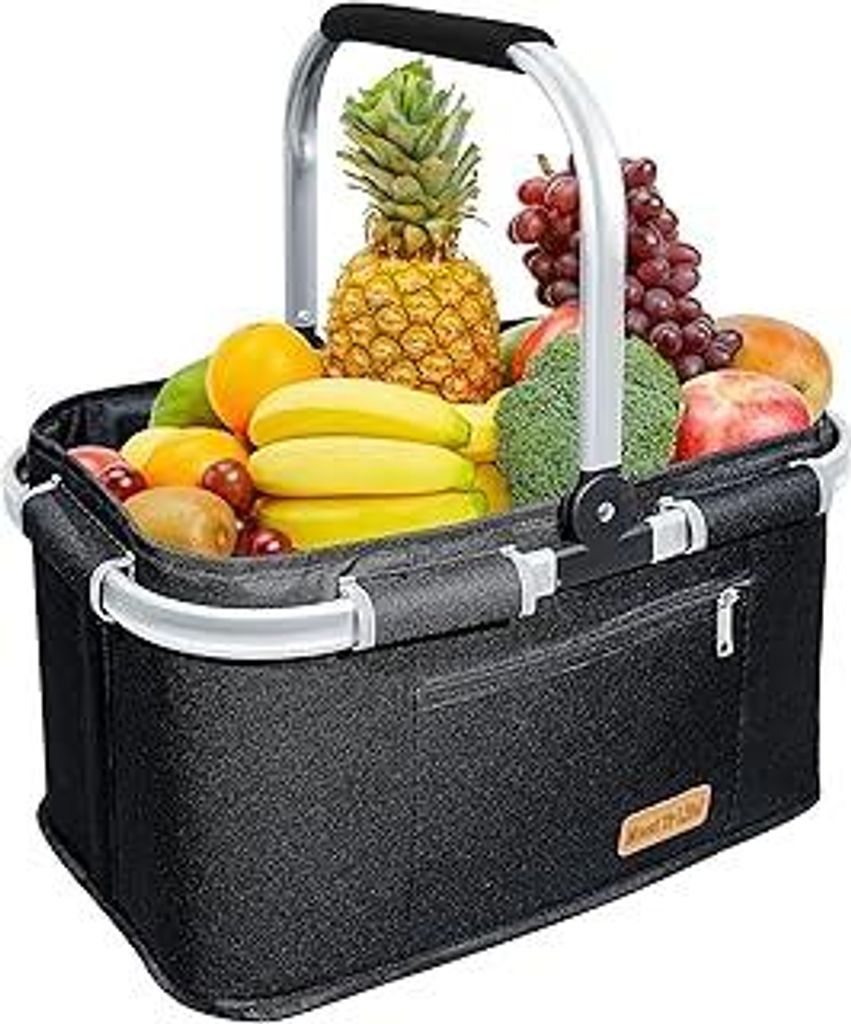 35L Einkaufskorb Großer Picknickkorb mit gepolsterten Griffen Praktischer Faltbarer Korb Einkaufstasche mit Aluminiumrahmen Stabiler Korb Reisen/P...
