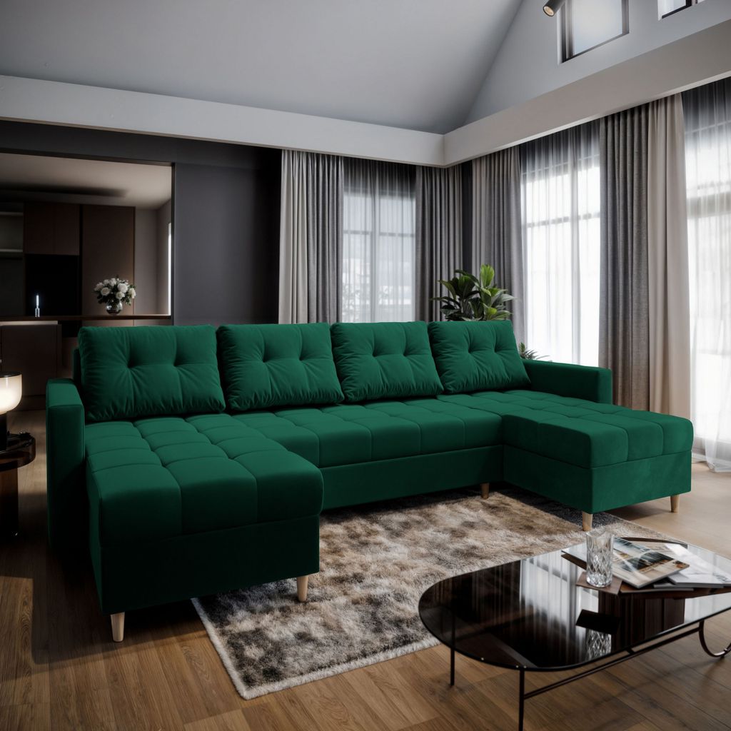 Masseno Ecksofa MILO U mit Schlaffunktion U-Form, Sofa mit Bettkasten, Wohnzimmersofa, Couch, Soffa, Bettsofa, Couchgarnitur- Grün, KRONOS 19