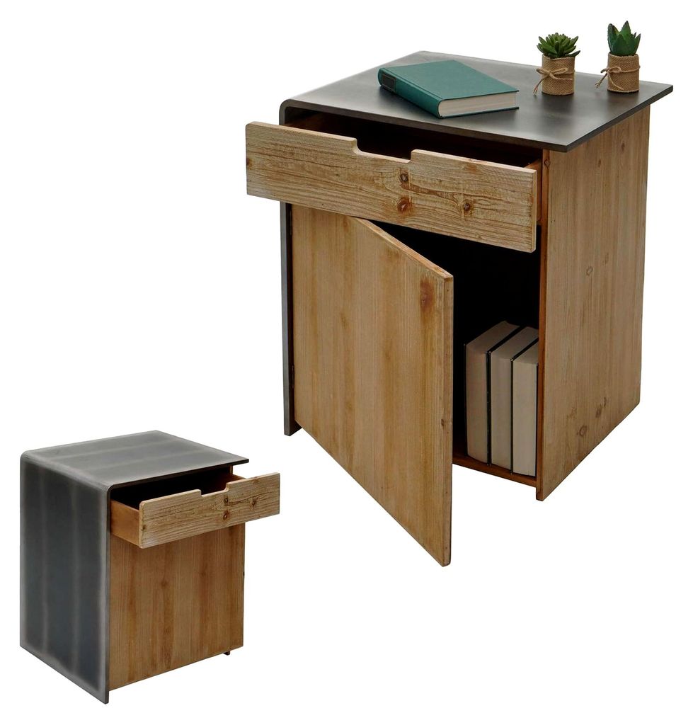 Kommode, Nachttisch, Beistelltisch, Industrial Massivholz, 60x50x40cm, Natur mit Metall-Optik
