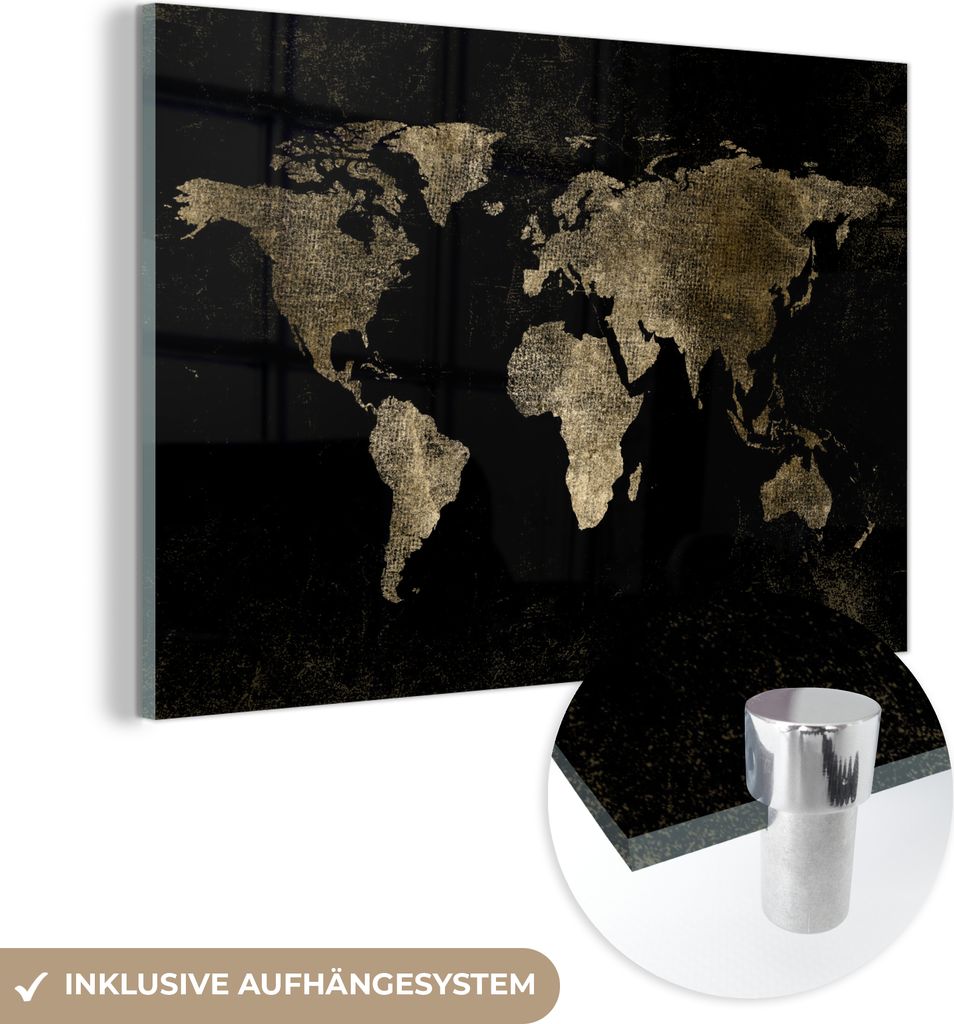 MuchoWow Glasbilder - Bilder auf Wandbild - Foto auf Glas Weltkarte - Schwarz - Gold 90x60 cm Wanddekoration aus Glas - Acrylglasbild - Acrylbilder...