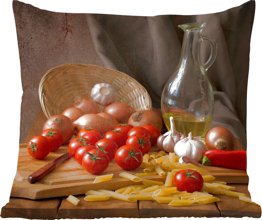 MuchoWow Zierkissen Sofakissen Wohnzimmer Dekokissen 50x50 cm Schneidebrett - Gemüse - Stillleben - Pasta - Aus - Tomate - Schneidebrett - Komfo...