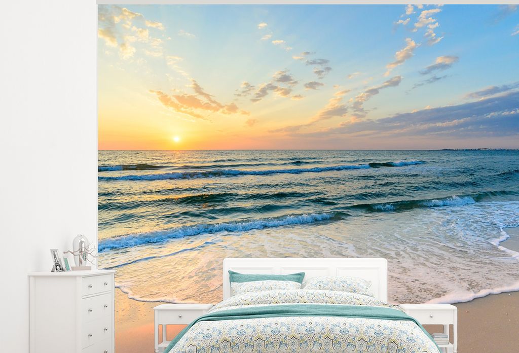 MuchoWow Fototapete für Wohnzimmer oder Schlafzimmer Wandtapete Vinyl Motivtapete Strand - Meer - Sonnenuntergang - Golf - 325x260 cm - Tapete
