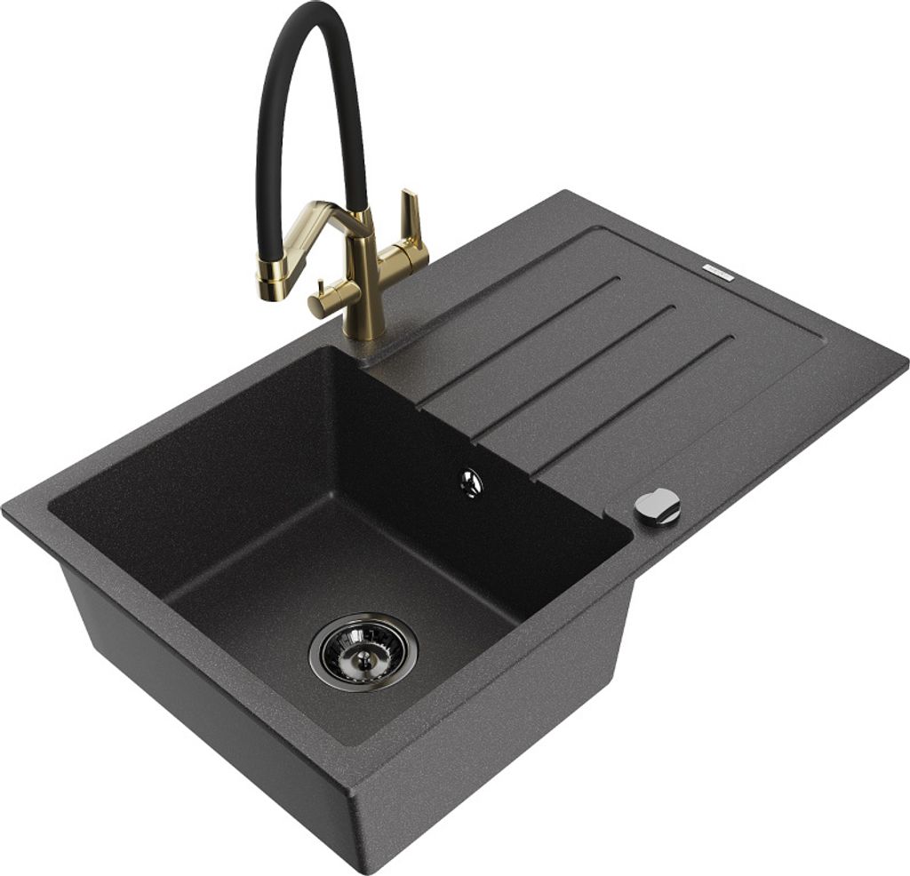 Mexen Bruno 1 Becken-Granitspüle mit Abtropffläche und Mischbatterie Duo, Schwarz gesprenkelt - 6513-76-671701-57-B