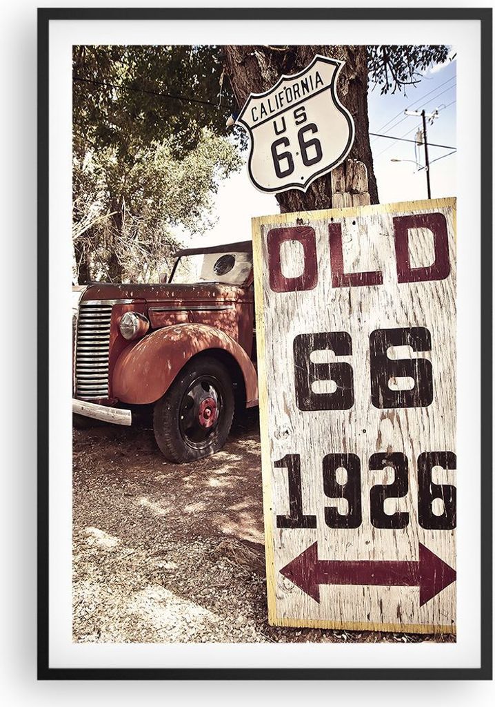 Gerahmtes Poster - Schwarzer Rahmen - Straße alt 66 USA - 61x91,5 cm - Wand Bild - Wanddeko - Wandbilder - Kunstposter - Wandposter - Bilderrahmen...