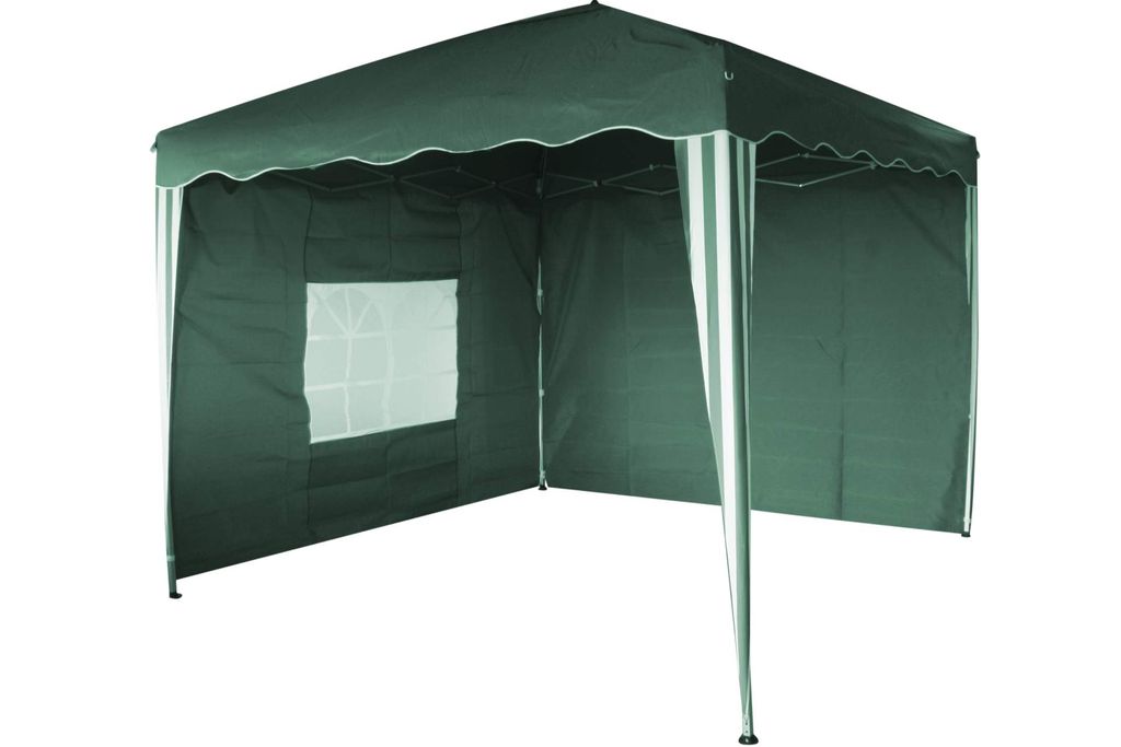 A green gazebo with white trim and striped legs, set against a white background.