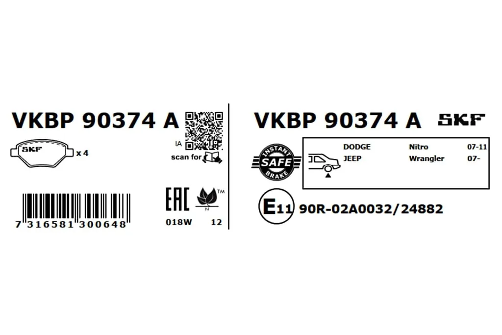 Kit freinage arrière SKF VKBP 90374 A pour entretien Jeep Wrangler III - 2