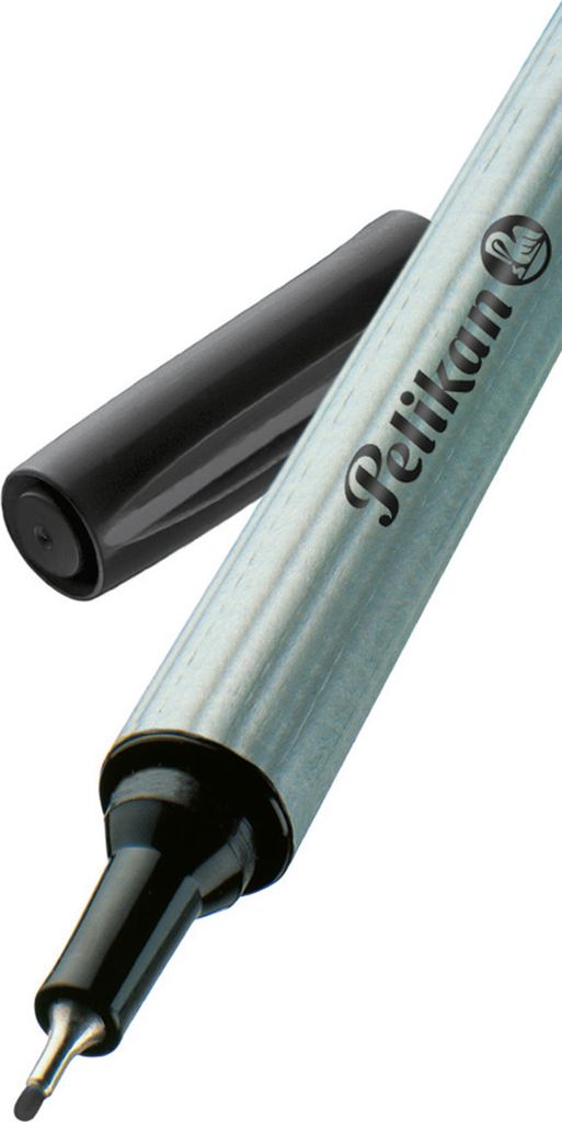 A close-up of a black and silver Pelikan fineliner pen with its cap off.