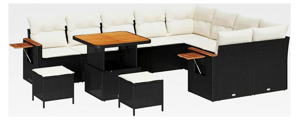 Garten-Sofa-Set Schwarz-Creme | 5-teilig | Naturrattan | Rechteckig | für Balkon und Patio