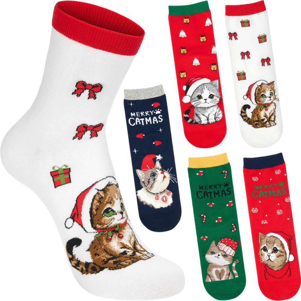 BRUBAKER 5 Paar Katzen Weihnachtssocken Damen & Herren – Merry Catmas – Lustige Kuschelsocken Geschenk, 30-35