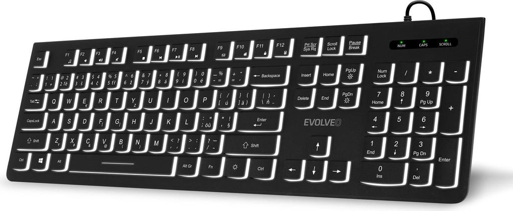 A black keyboard with white backlighting is shown from a slightly elevated diagonal angle against a white background.
