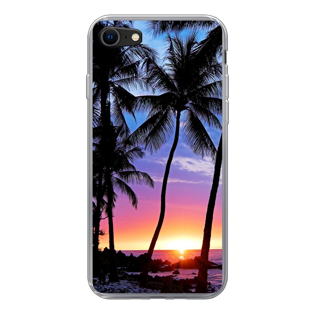 MuchoWow Handyhülle Schutzhülle Hülle für iPhone 7 Eine Silhouette von Palmen während eines Sonnenuntergangs auf Hawaii Silikon Softcase Han...