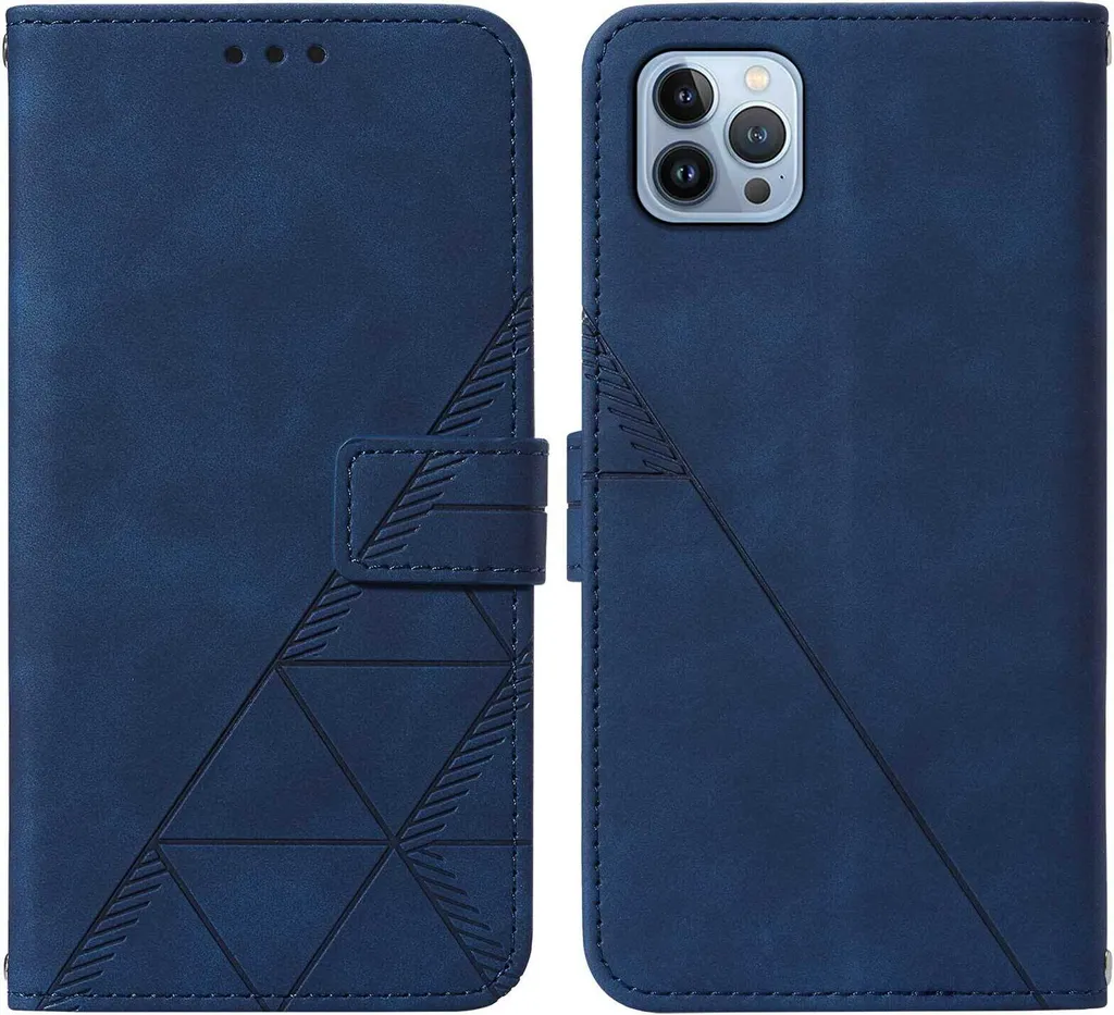 Custodia in pelle flip per iPhone 13 Pro con design a portafoglio e goffratura, porta carte e supporto blu