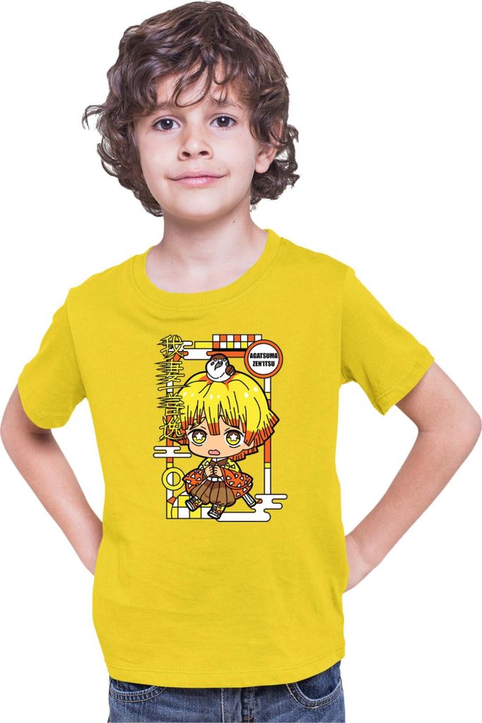 Kinder T-Shirt Demon Anime Slayer Kimetsu No Yaiba Chibi Zenitsu Agatsuma, 12-13 Jahr - 152 / Gelb