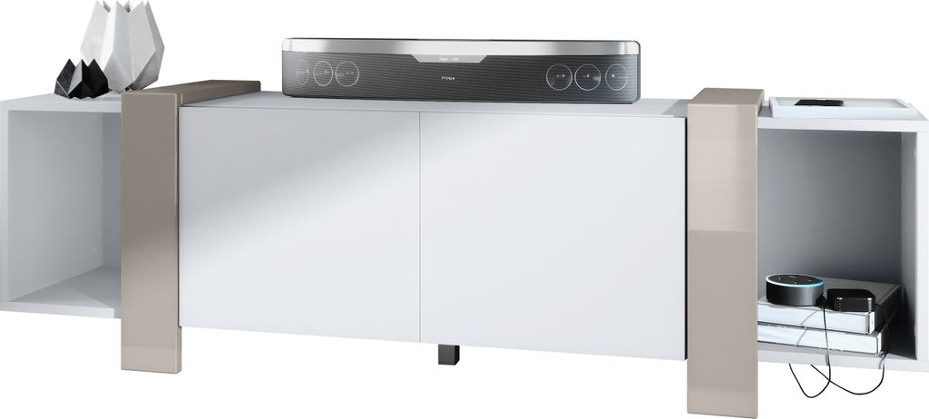 Vladon Lowboard Ida 149 x 45,5 x 34 cm TV-Board mit 4 Fächern und PTO-Türen, Germany, Korpus in Weiß matt, Blenden in Sandgrau Hochglanz | Groß...