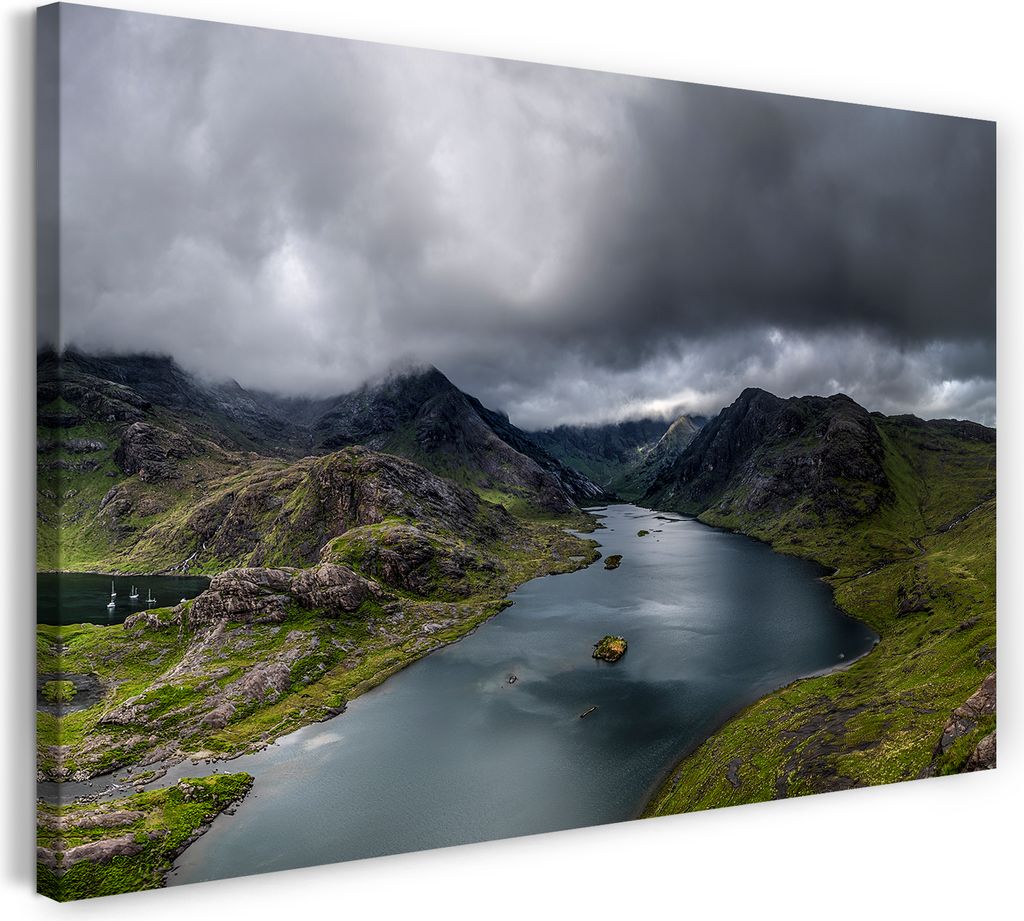 Leinwandbild (120x80cm): Landschaftsbilder Dunkle Wolken über Berge und Seen, echter Holz-Keilrahmen inkl. Aufhänger, handgefertigt in Deutschland