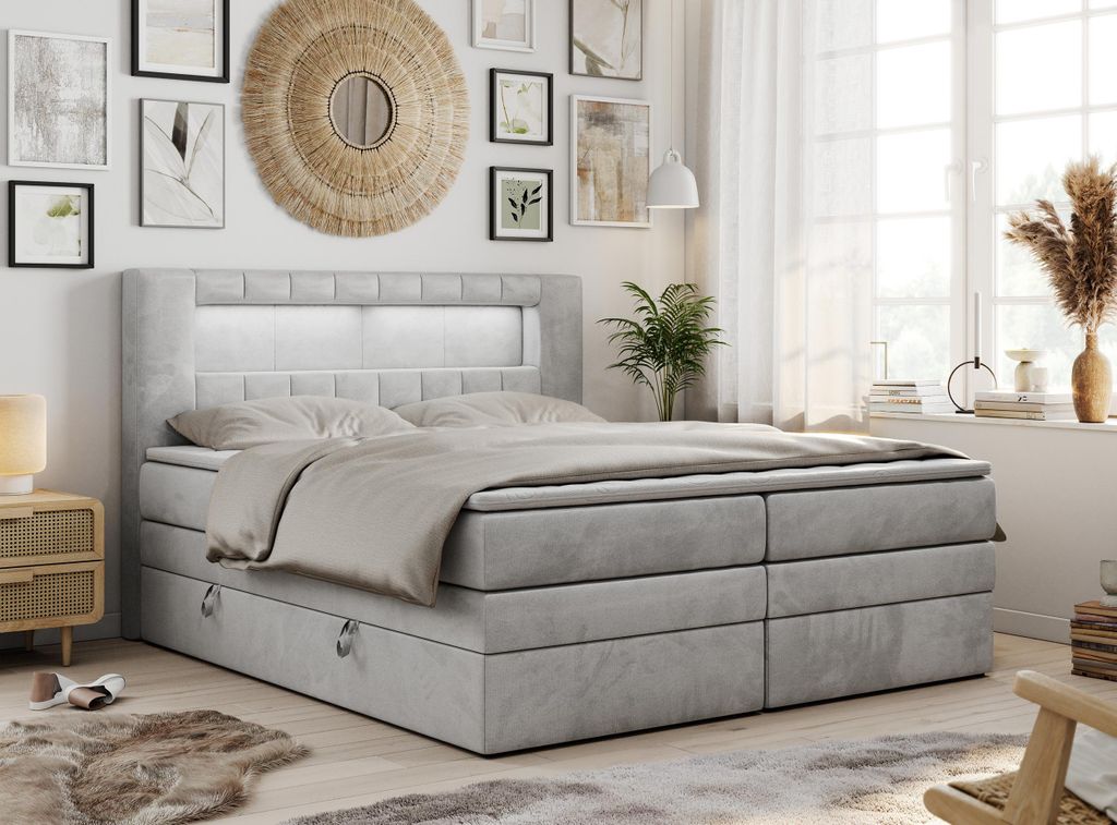 Boxspringbett mit LED Kopfteil und Topper - GOLD-5-KING - 200x200cm - Hellgrau - Hart (H4)