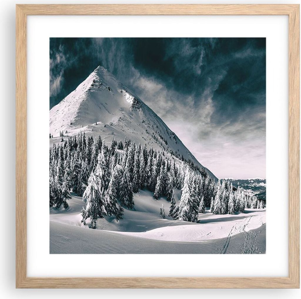 Gerahmtes Poster - Rahmen in heller Eiche - Dunkel Himmel Berg - 40x40 cm - Wand Bild - Wanddeko - Wandbilder - Kunstposter - Wandposter - Bilderra...