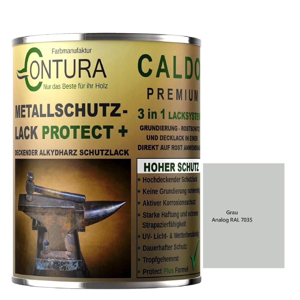 Contura 3 in 1 Rostschutzfarbe 1Liter. Metallschutzlack GLÄNZEND RAL Metall Lack Farbe Grundierung Rost - RAL 7035 (Intern: Grau)