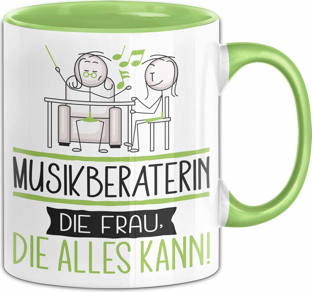 Musikberaterin Geschenk Tasse Becher Die Frau Die Allen Kann Geschenkidee für eine Musikberaterin Lustig (Grün)
