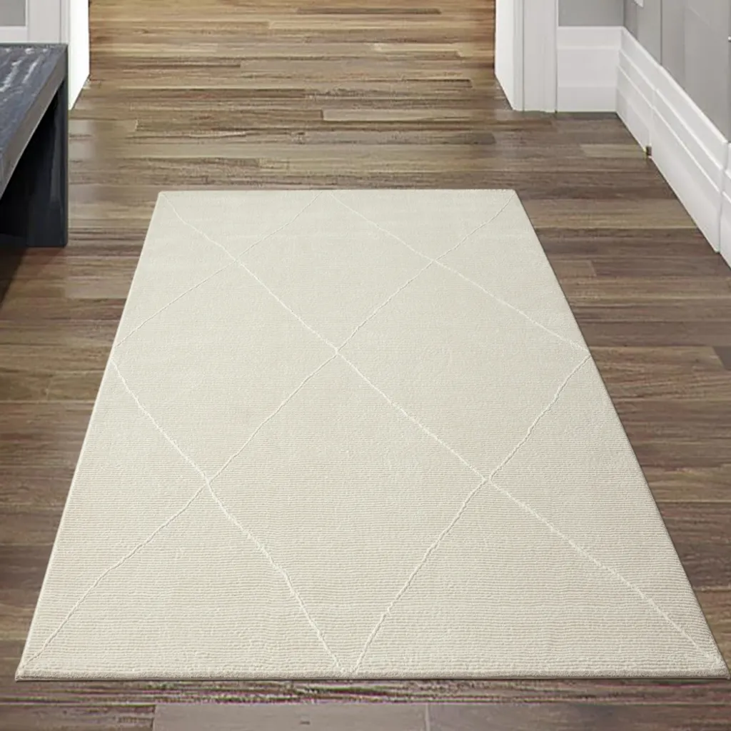 Tapis classique à côtes losanges crème - 80x150 cm en fibres recyclées