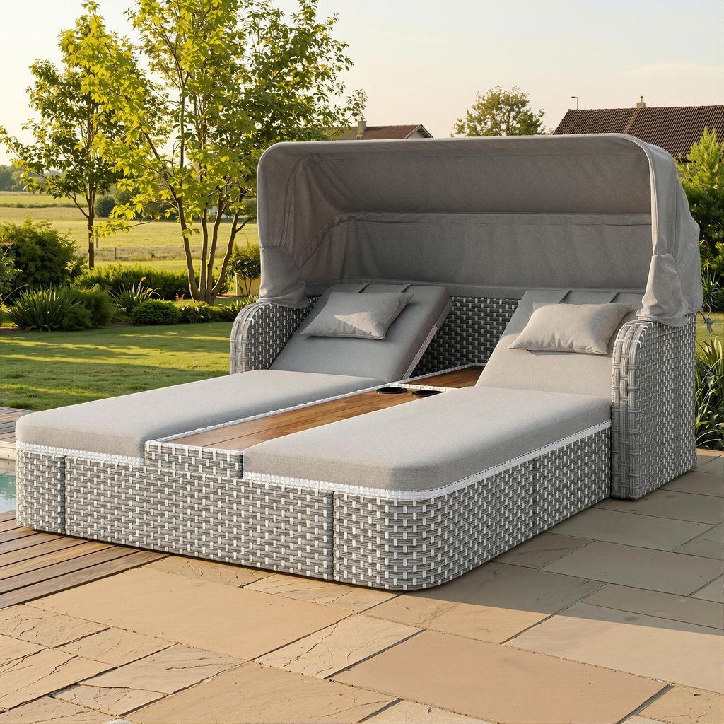 okwish Garten-Liegestuhl-Set,Freizeitsofa mit Sonnenschutz und Tisch,Zweisitzer,Gartensofa mit Liegefunktion,Rattan-Insel-Sitzgruppe aus Polyrattan...