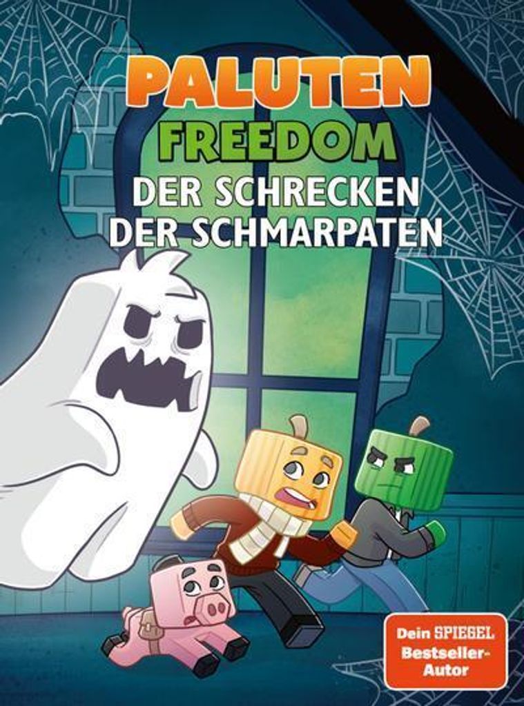 A ghost is chasing three characters with blocky heads, one is a pig, in a spooky setting with cobwebs and a large window.