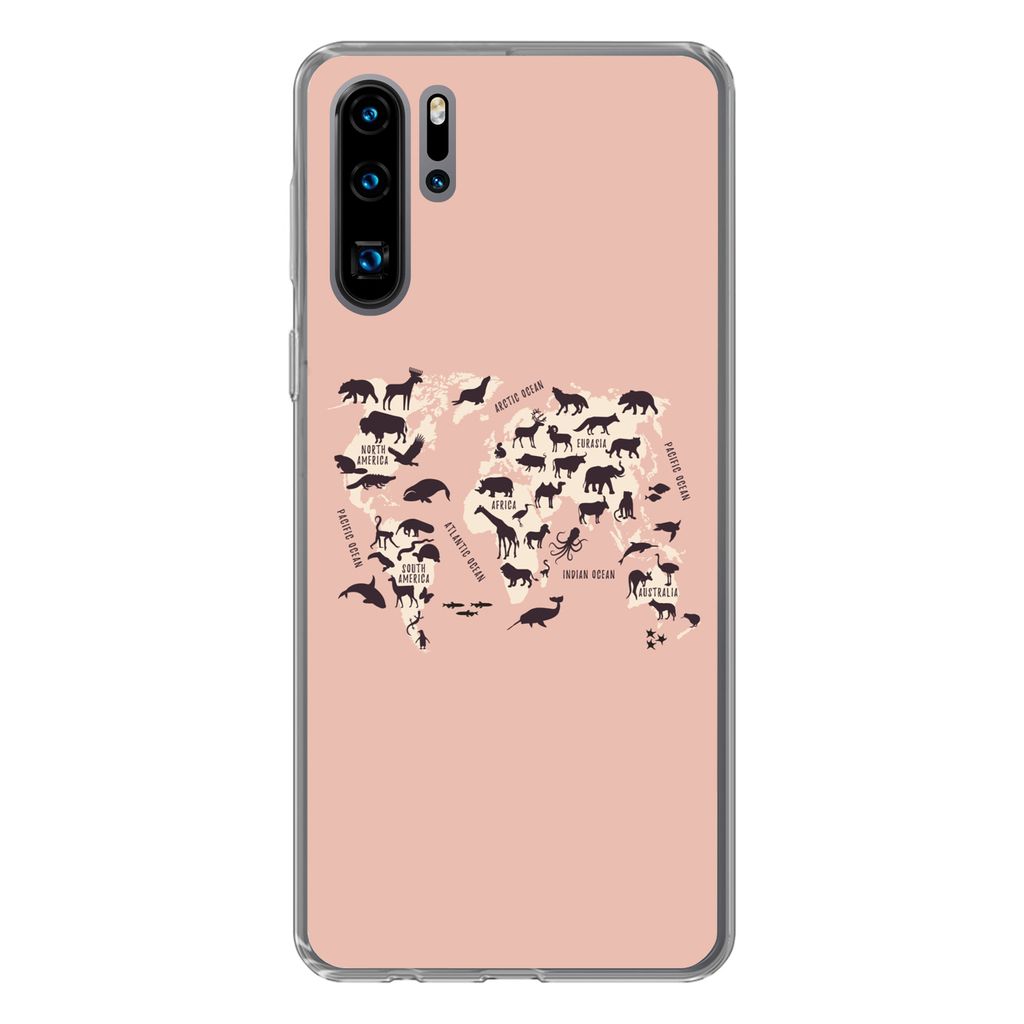 MuchoWow Handyhülle Schutzhülle Hülle für Huawei P30 Pro Weltkarte - Tiere - Scherenschnitt Silikon Softcase Handy Hülle - Schutzdeckel