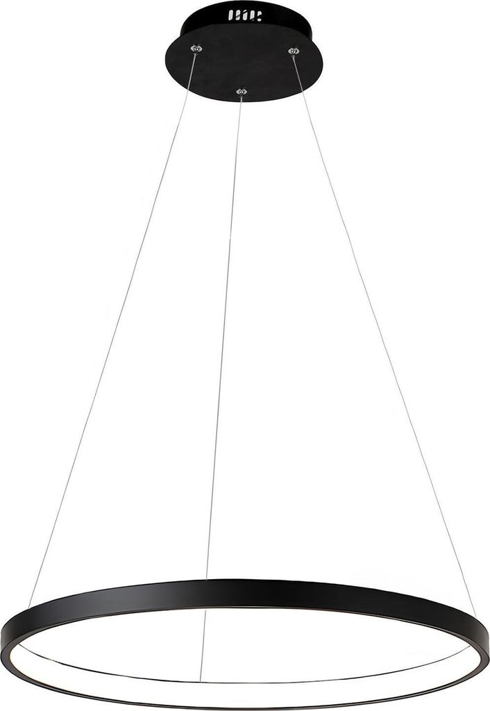 A black circular pendant light hanging from a ceiling mount.