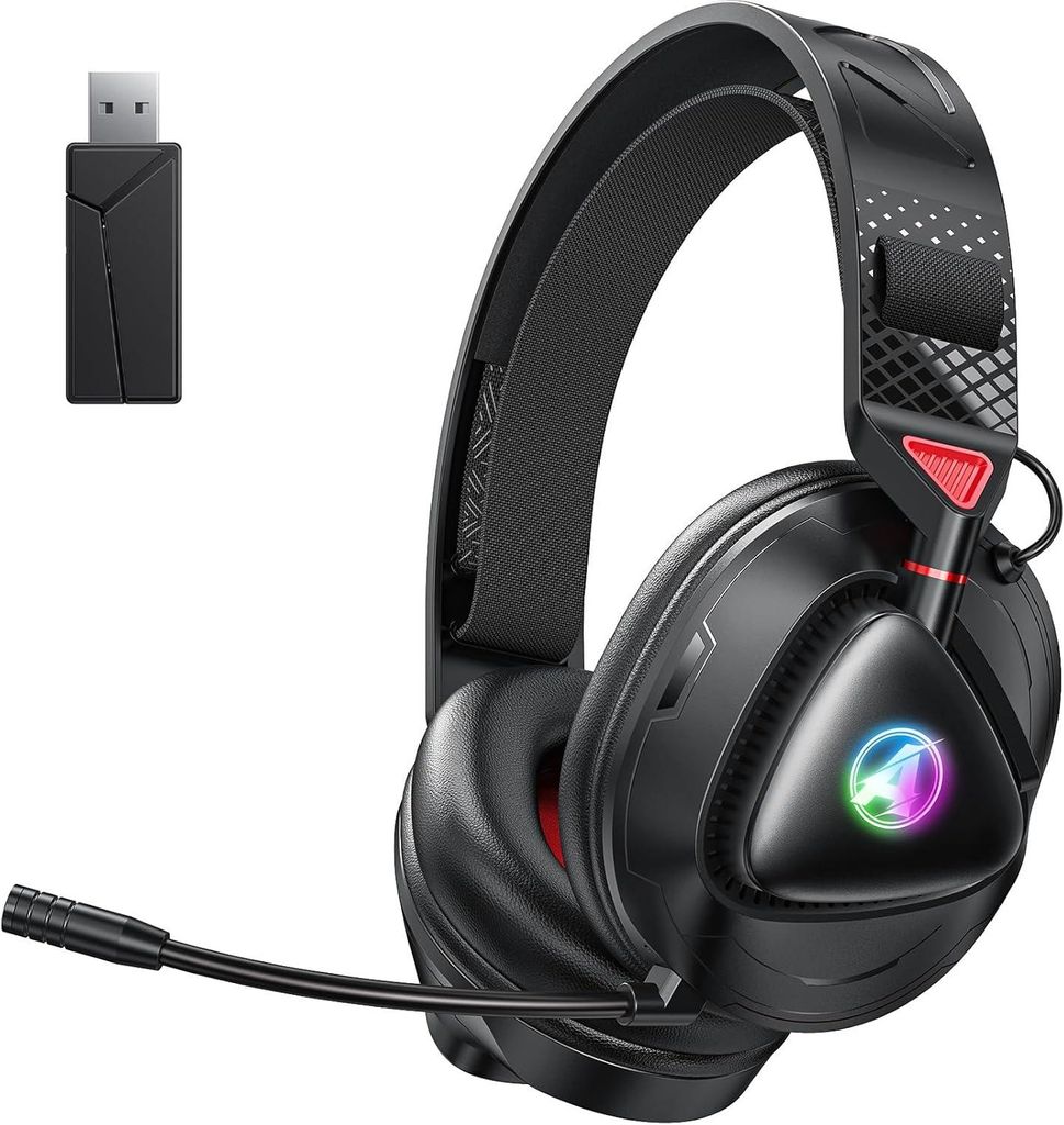 Wireless Gaming Headset für PS5, PS4, Switch, PC, Mac, Kopfhörer mit Abnehmbarem Mikrofon, Leichtes Bluetooth Headset mit RGB Licht, 50 Stunden Akku