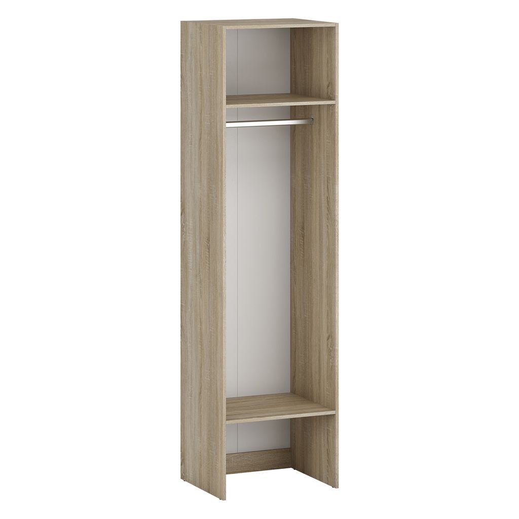 A tall, narrow, open wardrobe unit with a hanging rail and shelves, shown against a white background.