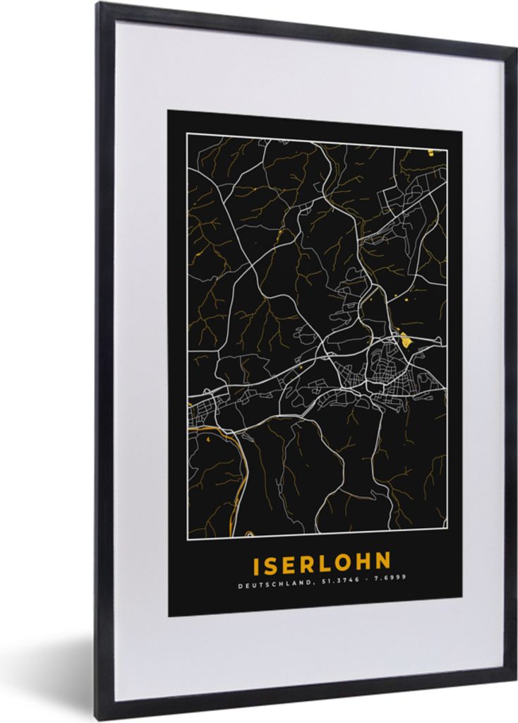 MuchoWow Gerahmtes Poster Iserlohn - Gold - Stadtplan - Karte - Deutschland 40x60 cm - Poster mit Schwarzem Bilderrahmen Wandposter Rahmen Foto B...
