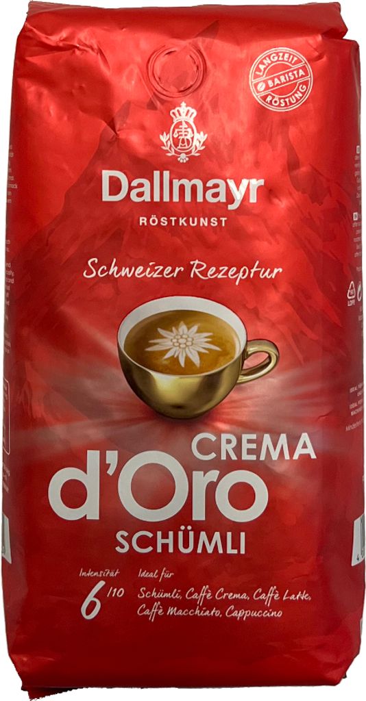A red bag of Dallmayr Crema d'Oro Schümli coffee beans.