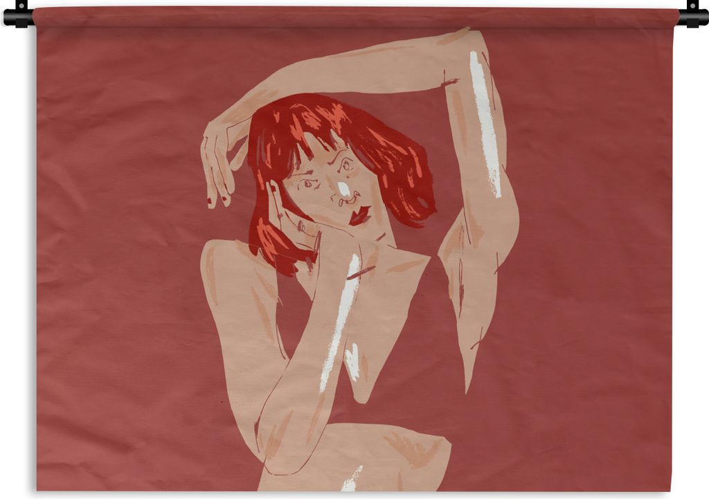 MuchoWow Wandteppich Wandbehang Frau - Rot - Abstrakt - Porträt 90x67.5 cm Tapisserie Dekoration Wandtuch - Fototeppich - Wand-Skulpturen