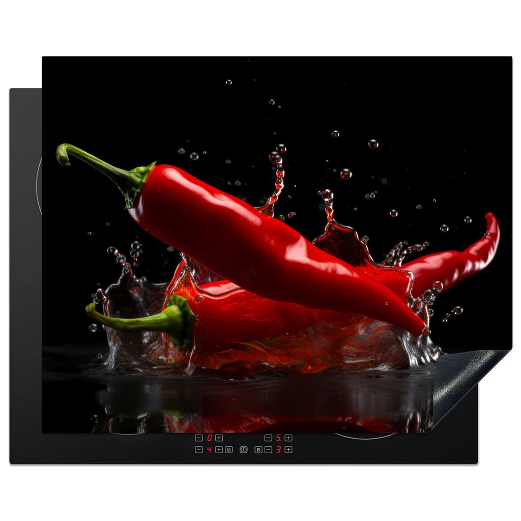 KitchenYeah Herdabdeckplatte Paprika - Rot - Schwarz - Wasser - Gemüse , 65x52cm, Küche Deko, Glaskeramikkochfeld Herdabdeckung, Abdeckplatte f...
