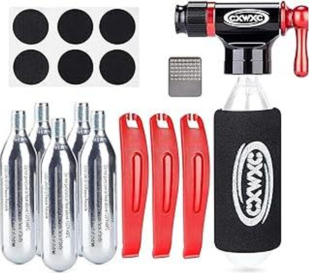 CO2 Inflator Kit mit 5x16 g CO2 Gewindekartuschen – Kompatibel mit Presta und Schrader Ventilen–tragbare CO2 Fahrrad Reifenpumpe mit FahrradMul...