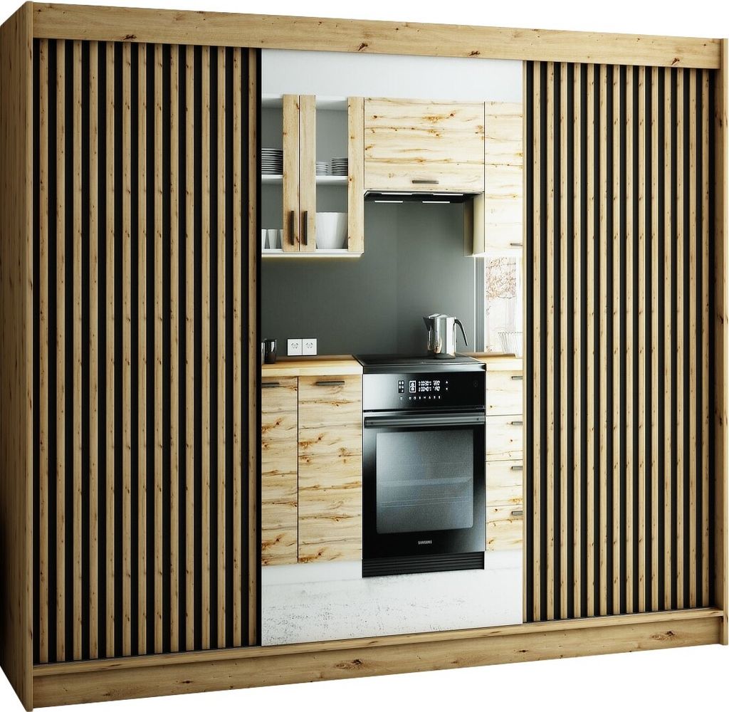 Kryspol Schwebetürenschrank LAMELO 2 250 mit Zierstreifen und Spiegel, Flurgarderobe mit 2 Kleiderstange, Modern Design