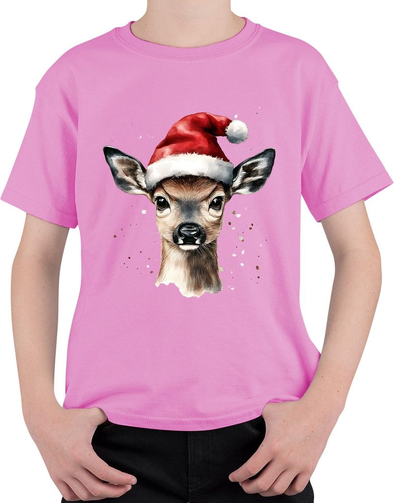 Süßes Rehkitz Santa Hat Weihnachten Geschenk Aquarell Vintage Uni Kinder T-Shirt, Pink, 152