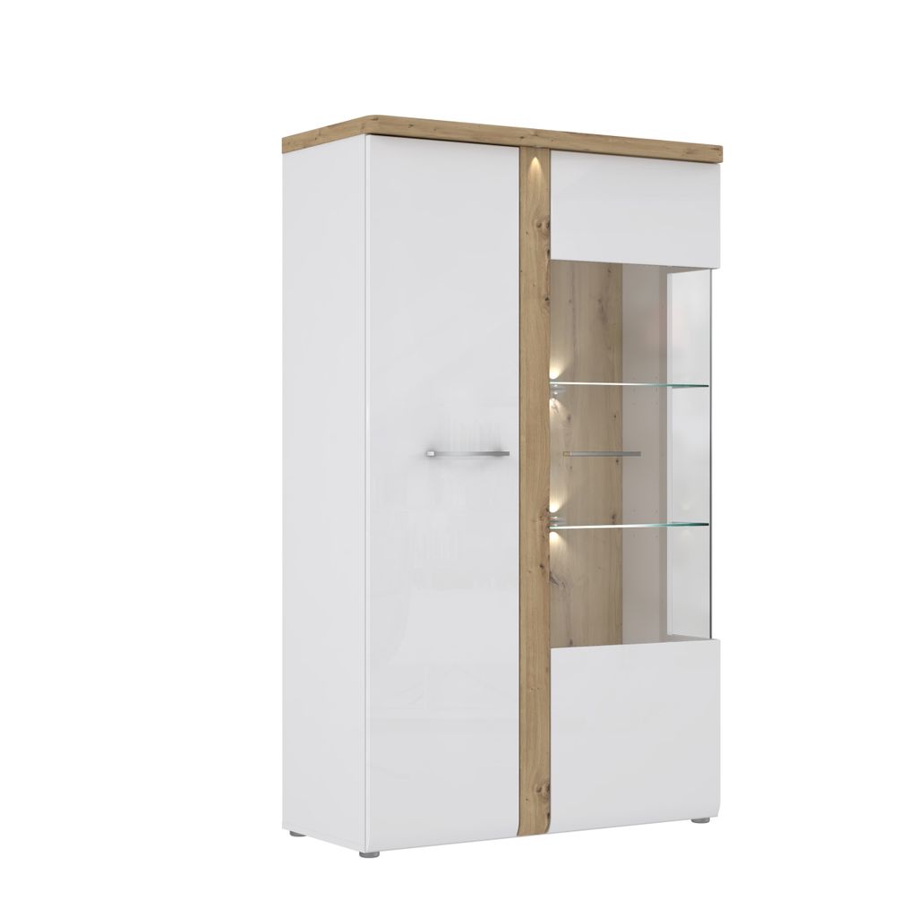 Standvitrine >TULUZA< inkl. Beleuchtung in Weiss Glanz/ Artisan Eiche Nachbildung - 98,5x164x43,4cm (BxHxT)