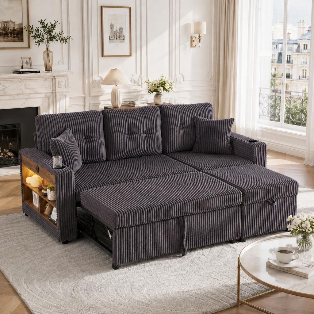 Schlafsofa mit Ausziehbett Cord Sofa ausziehbar mit Stauraum LED & USB-C Getränkehalter Funktionssofa Dauerschläfer Polstersofa Wohnzimmer Schwarz